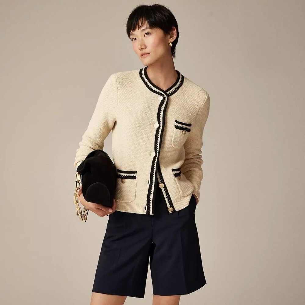 J.Crew Contrast Trim Cardigan In Parchment Black Women’s Small Preppy French